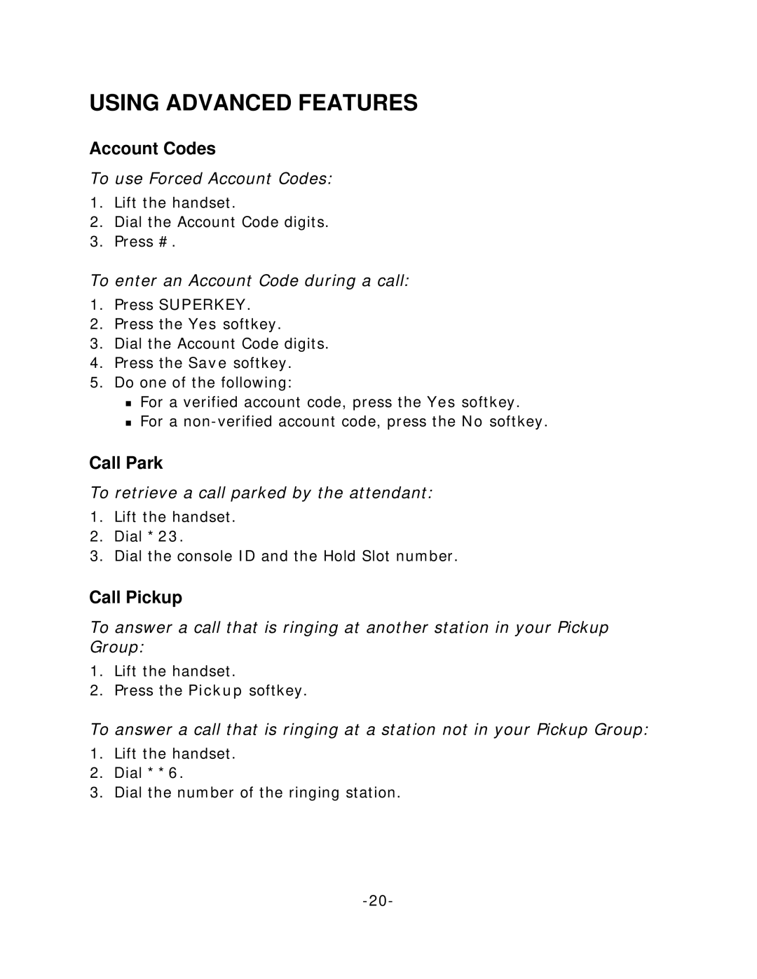 Mitel 5020 manual Using Advanced Features, Account Codes, Call Park, Call Pickup 
