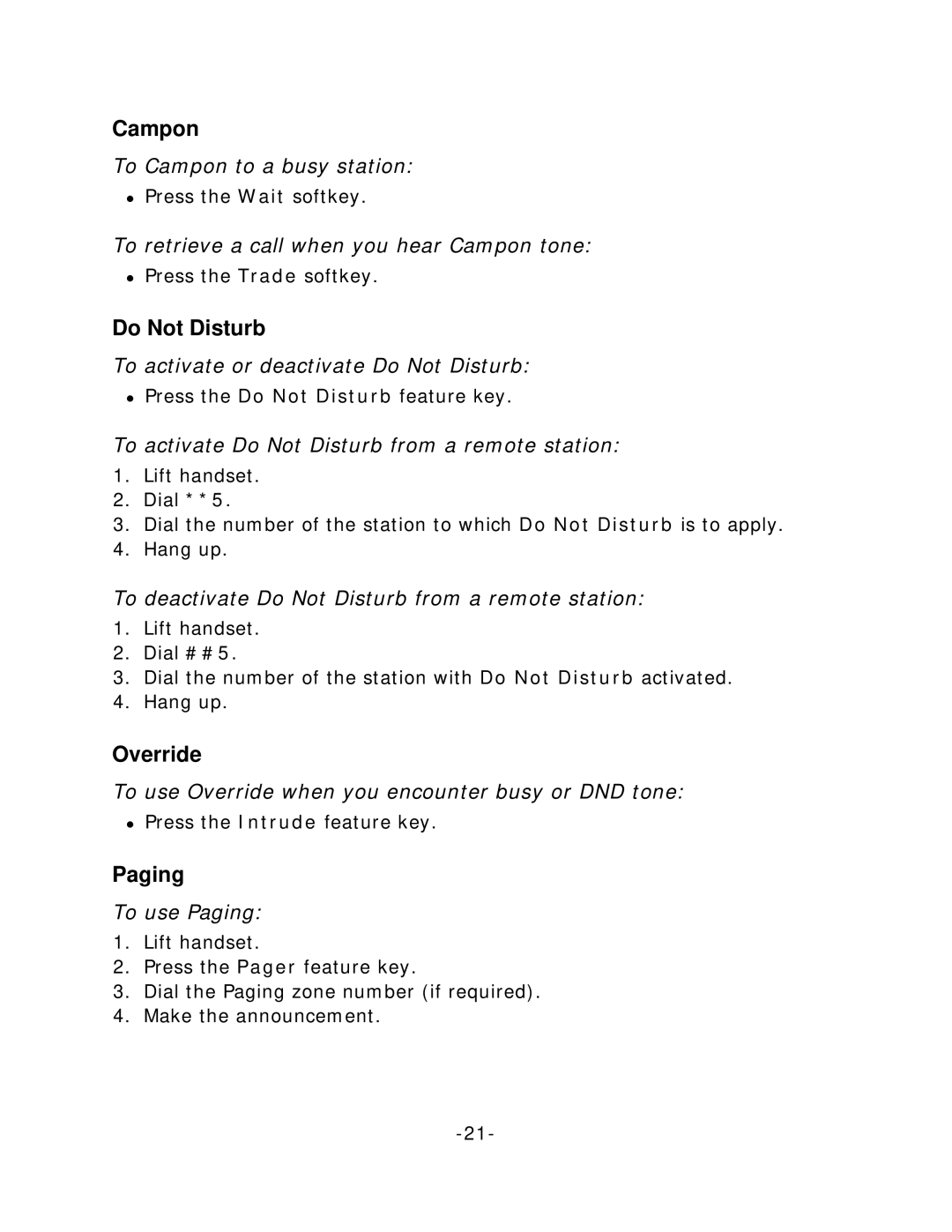 Mitel 5020 manual Campon, Do Not Disturb, Override, Paging 
