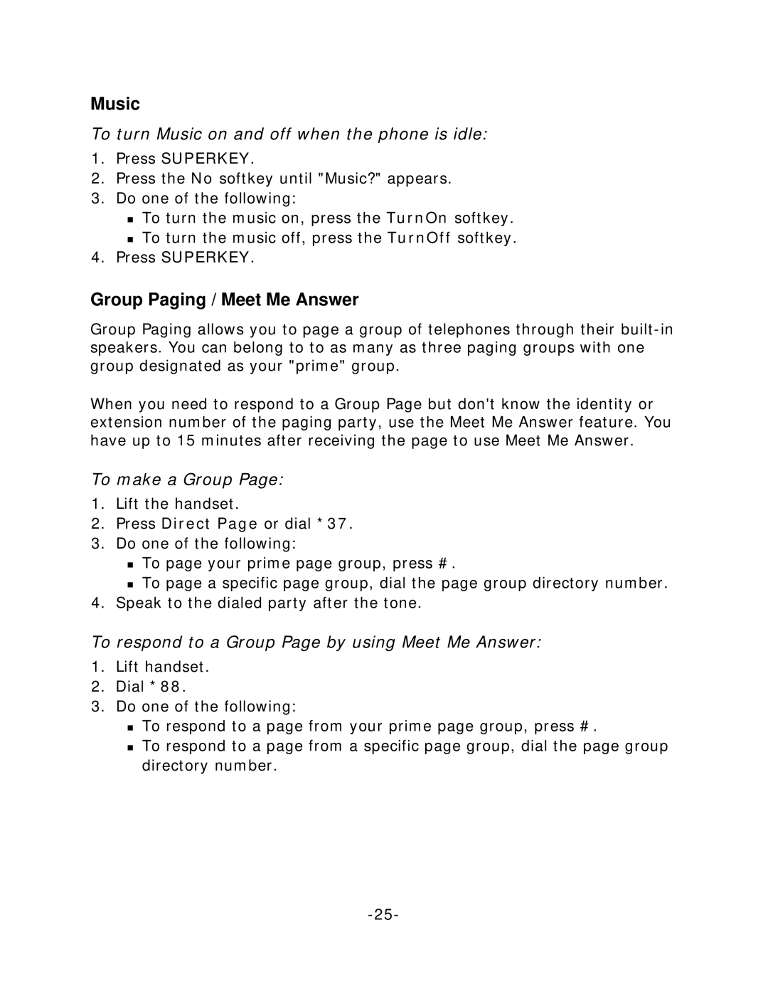 Mitel 5020 manual Group Paging / Meet Me Answer, To turn Music on and off when the phone is idle, To make a Group 