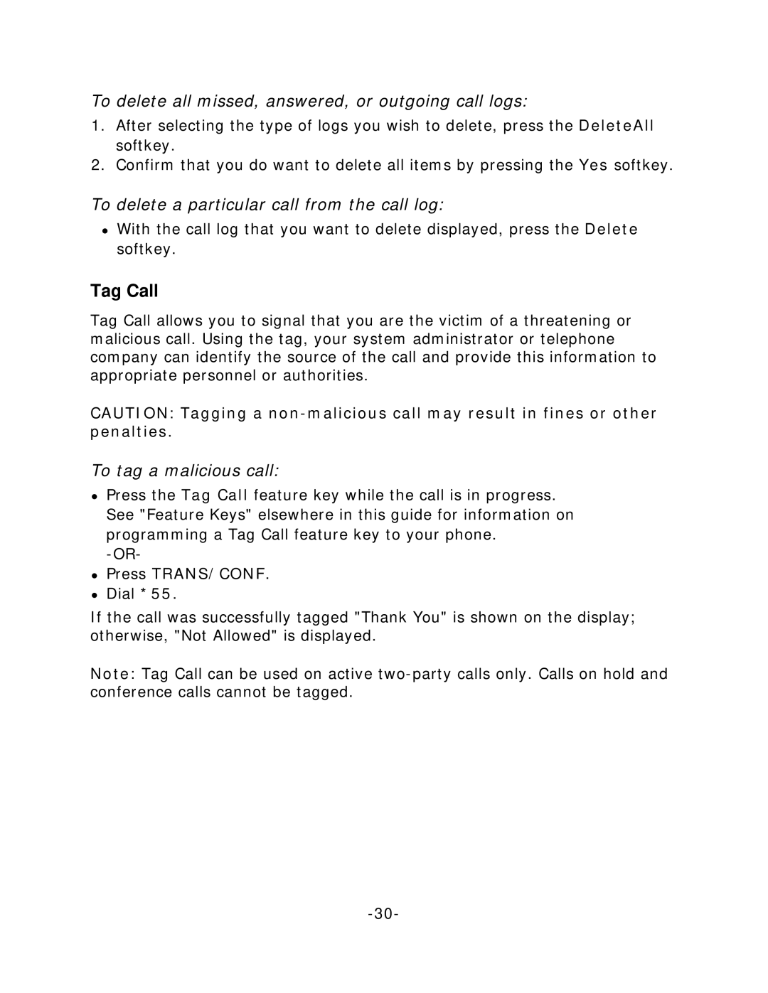 Mitel 5020 Tag Call, To delete all missed, answered, or outgoing call logs, To delete a particular call from the call log 