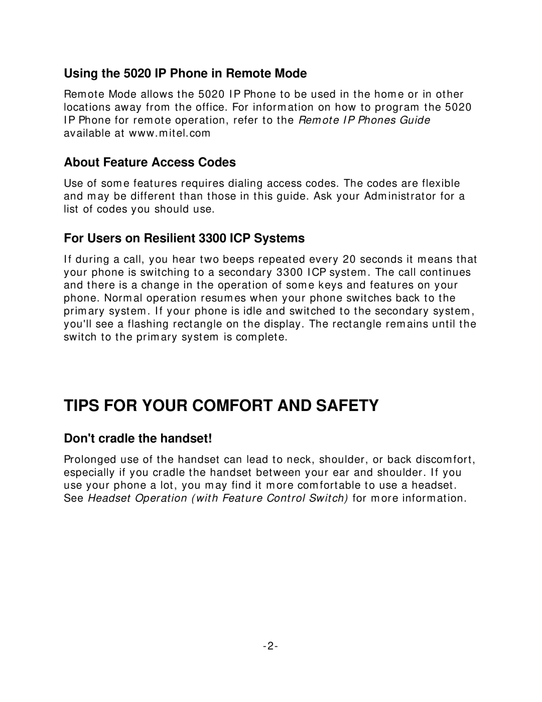 Mitel 5020 manual Tips for Your Comfort and Safety, For Users on Resilient 3300 ICP Systems, Dont cradle the handset 