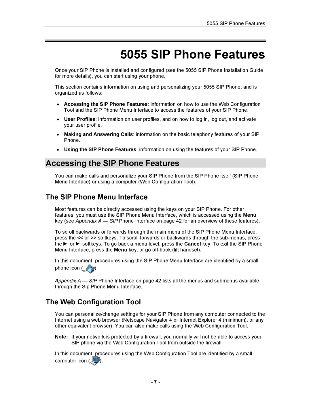 Mitel 5055 manual Accessing the SIP Phone Features, SIP Phone Menu Interface, Web Configuration Tool 