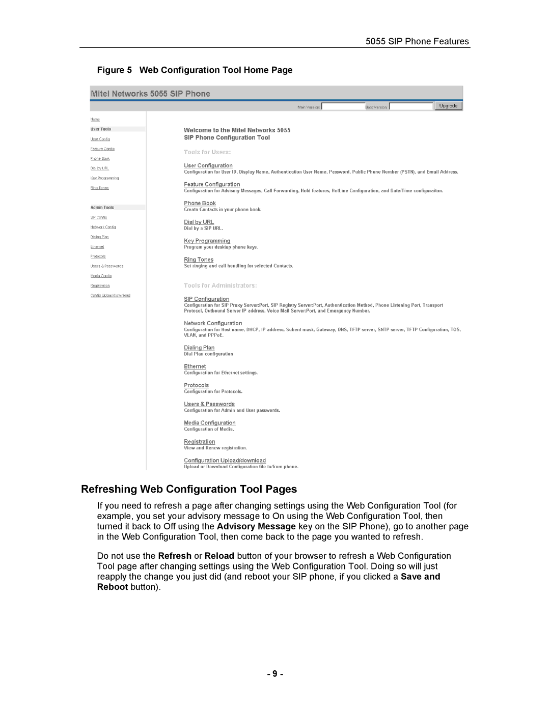 Mitel 5055 manual Refreshing Web Configuration Tool Pages, Web Configuration Tool Home 