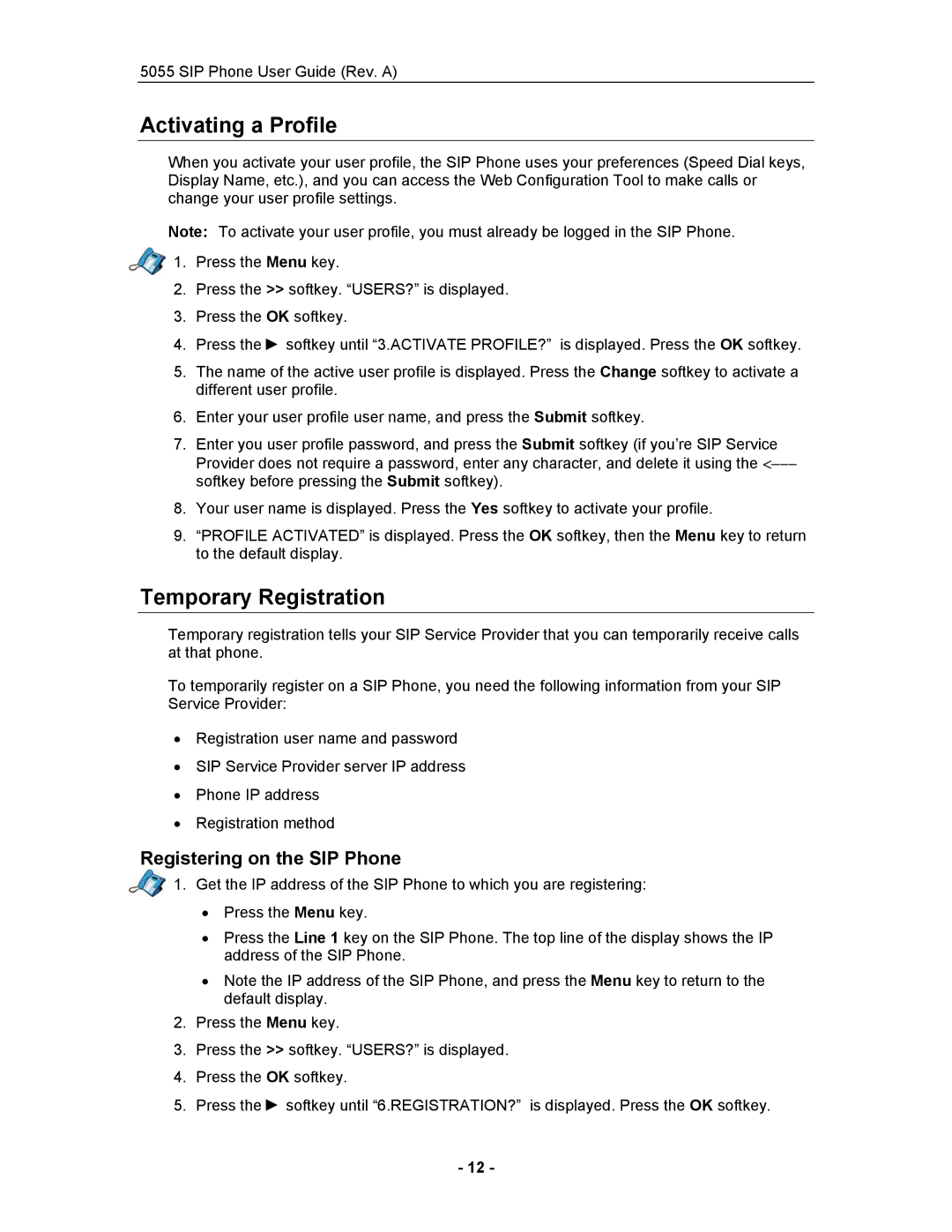 Mitel 5055 manual Activating a Profile, Temporary Registration, Registering on the SIP Phone 