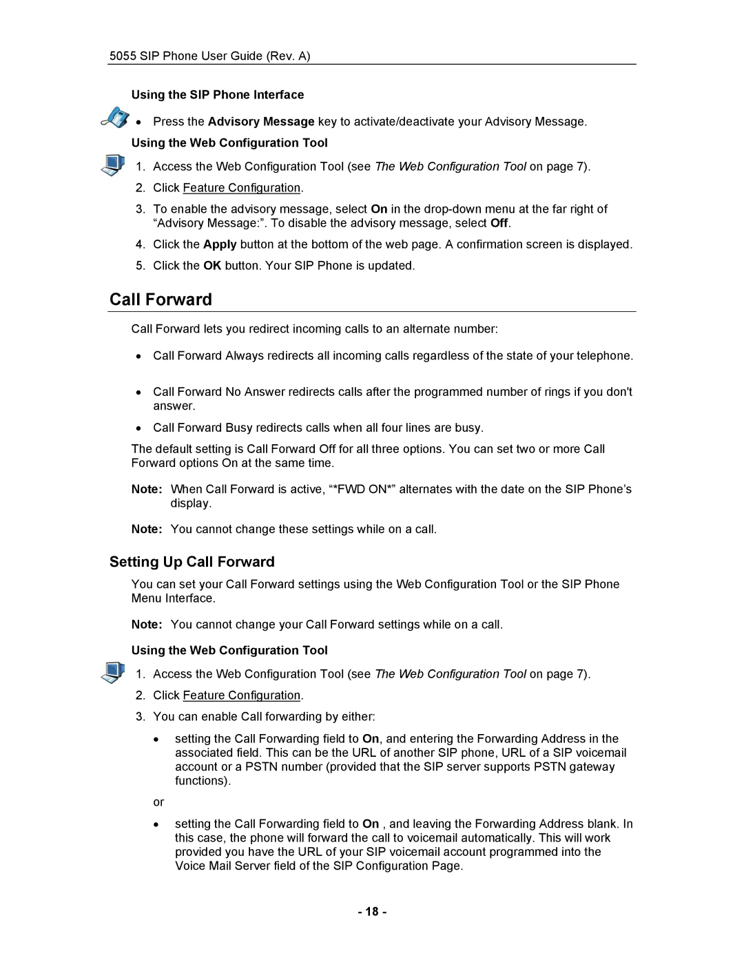 Mitel 5055 manual Setting Up Call Forward, Using the SIP Phone Interface, Using the Web Configuration Tool 