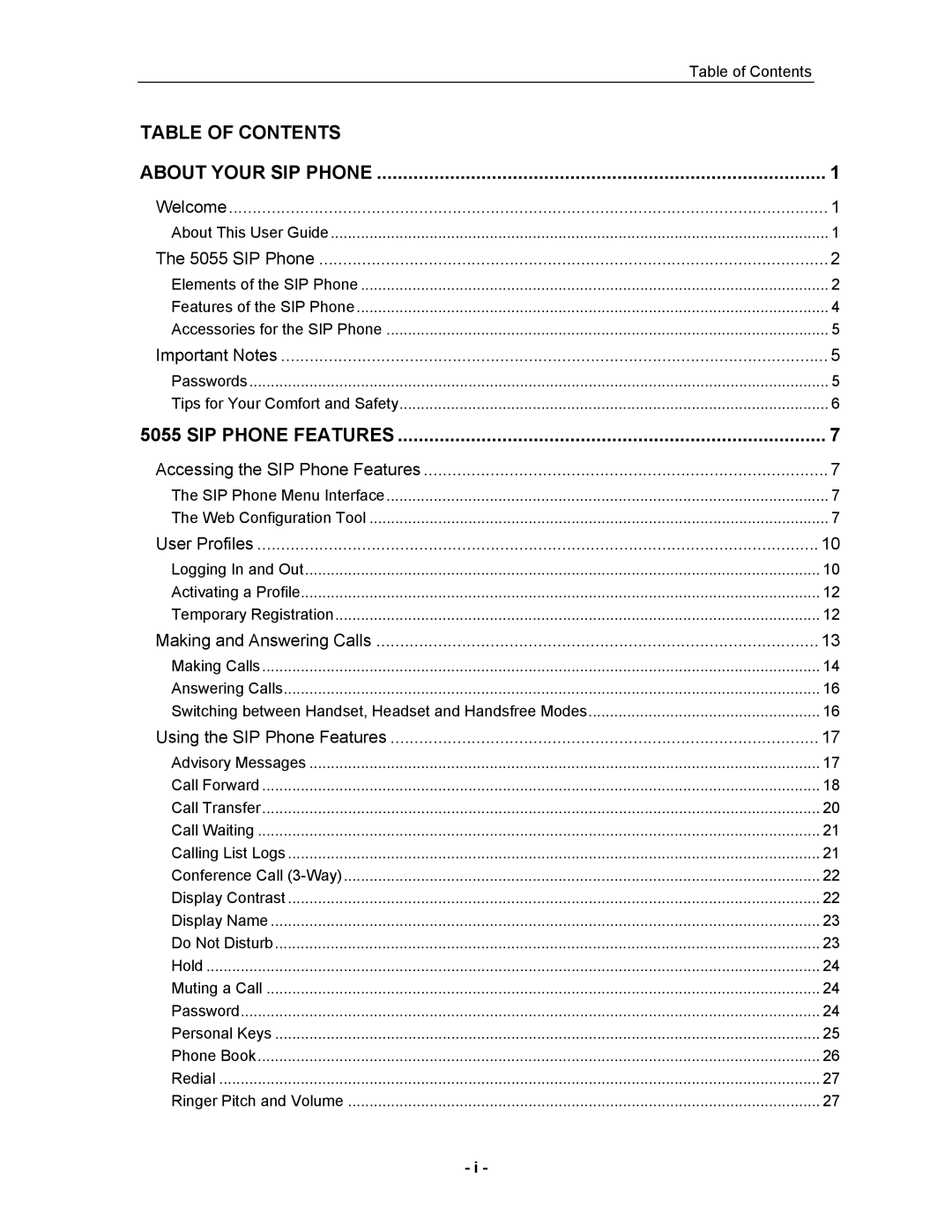 Mitel 5055 manual Table of Contents 