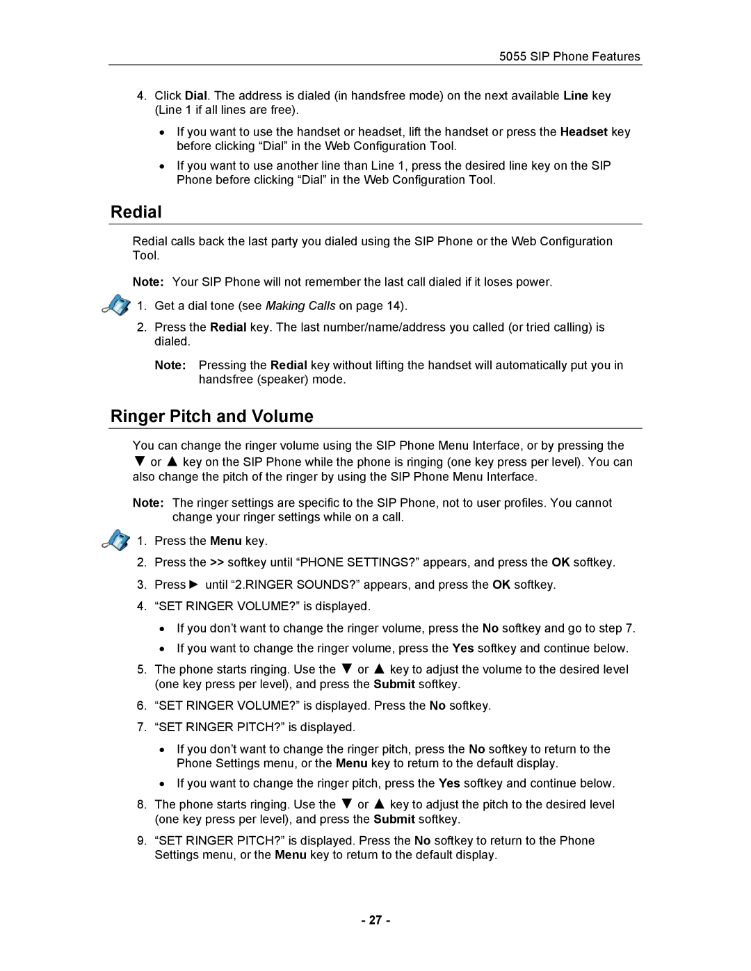 Mitel 5055 manual Redial, Ringer Pitch and Volume 