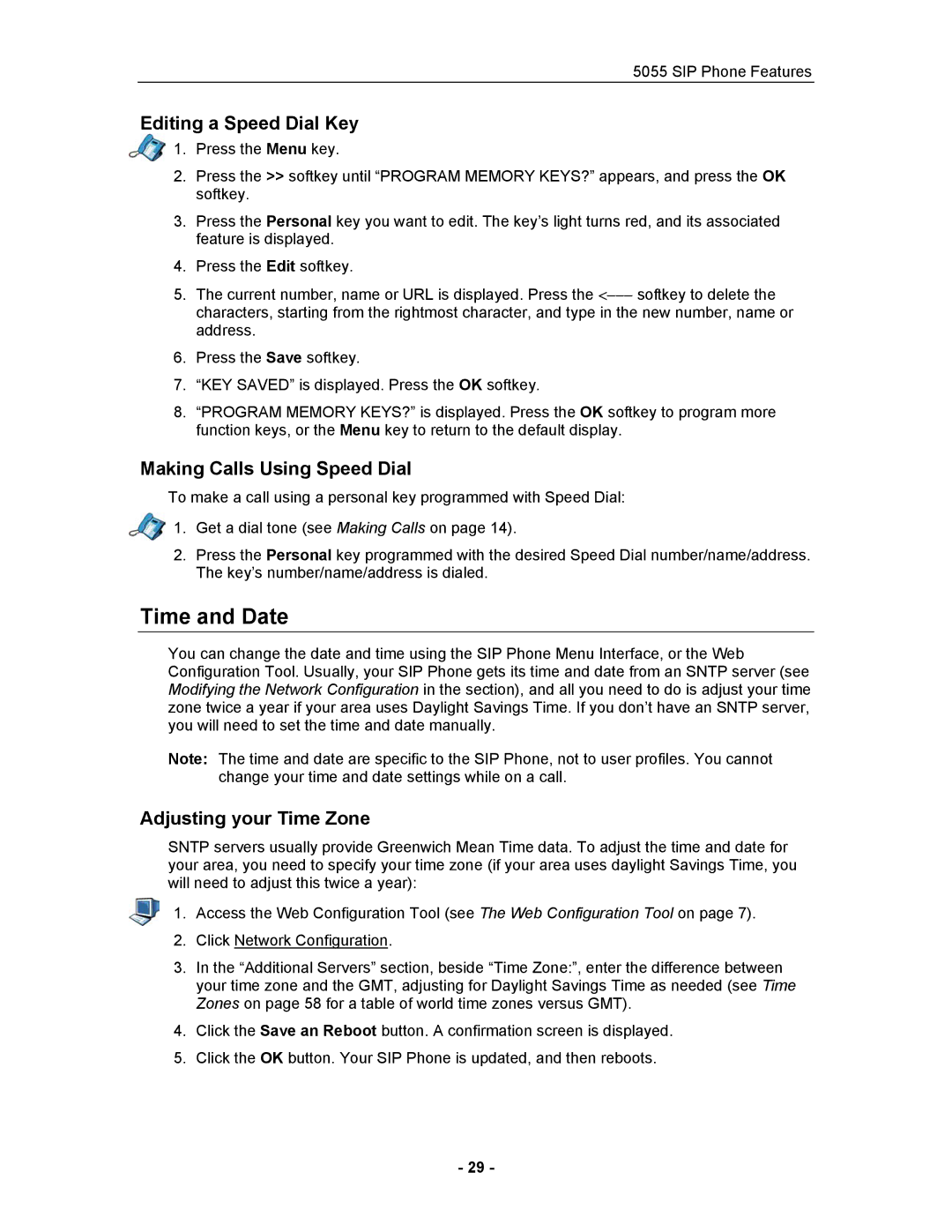 Mitel 5055 manual Time and Date, Editing a Speed Dial Key, Making Calls Using Speed Dial, Adjusting your Time Zone 