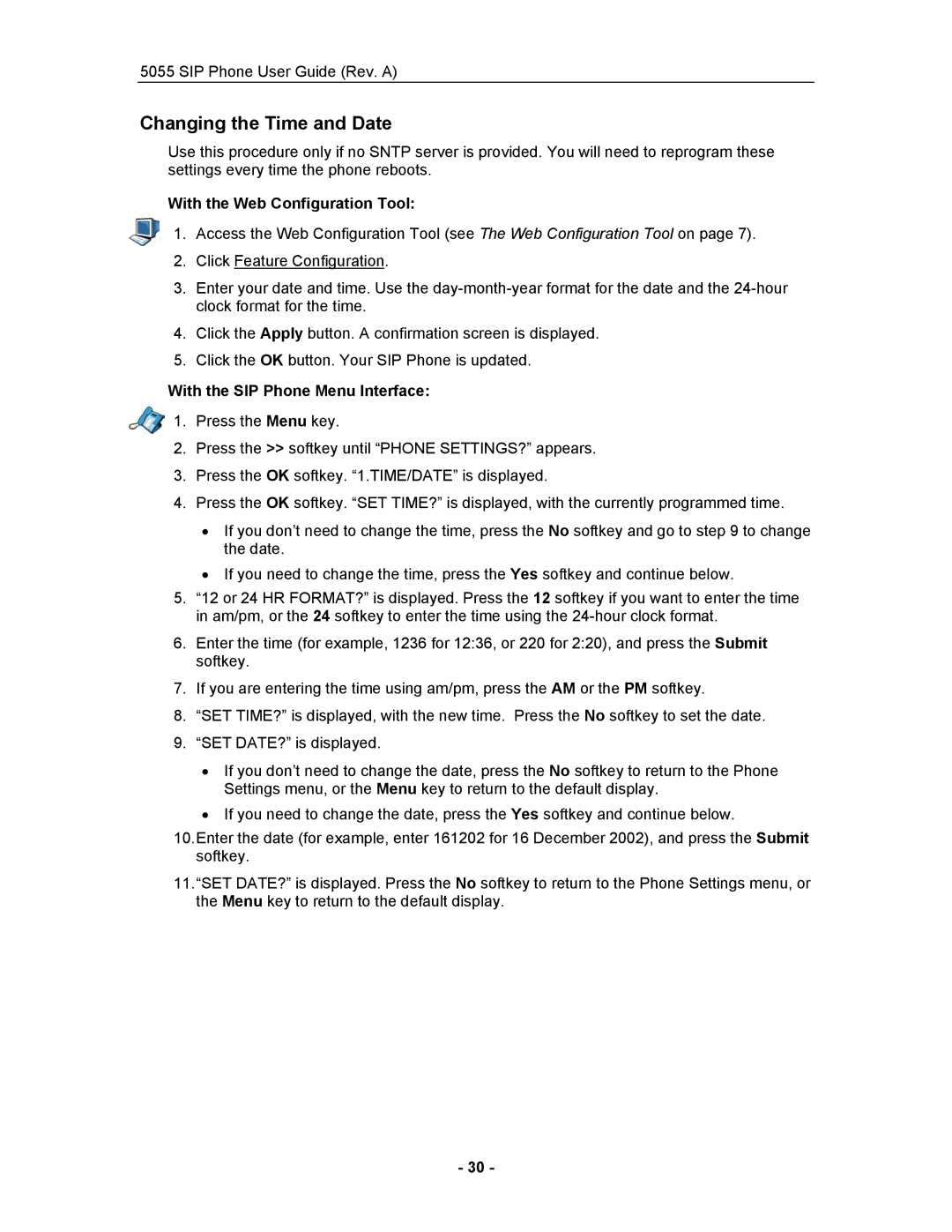 Mitel 5055 manual Changing the Time and Date, With the Web Configuration Tool, With the SIP Phone Menu Interface 