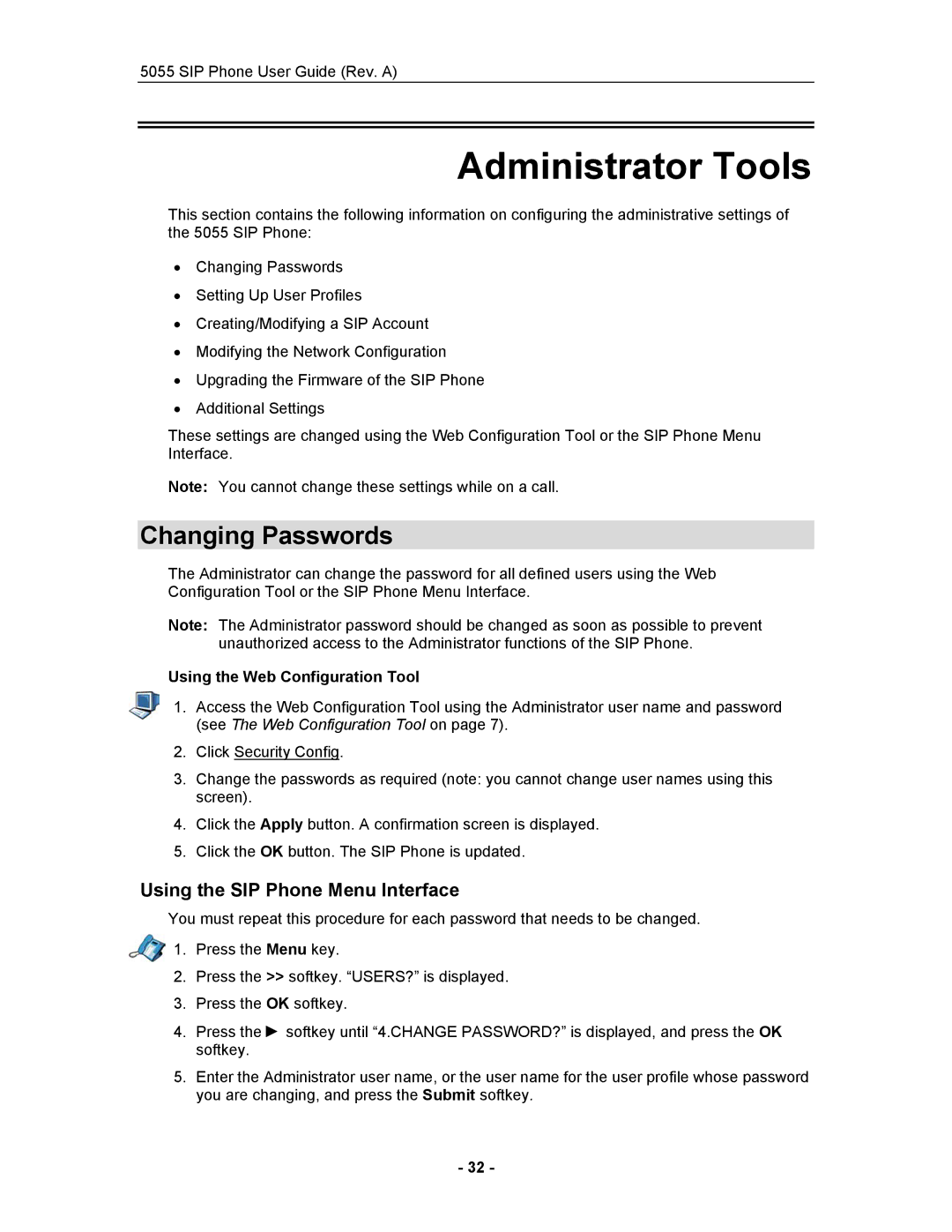 Mitel 5055 manual Changing Passwords, Using the SIP Phone Menu Interface 