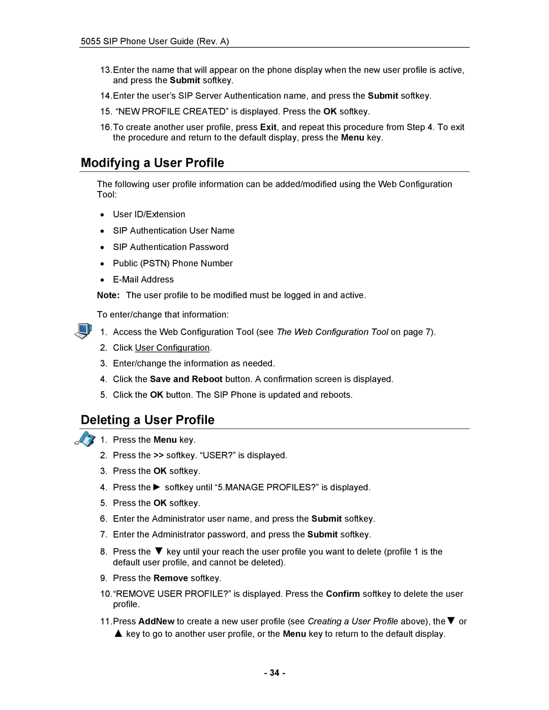 Mitel 5055 manual Modifying a User Profile, Deleting a User Profile 