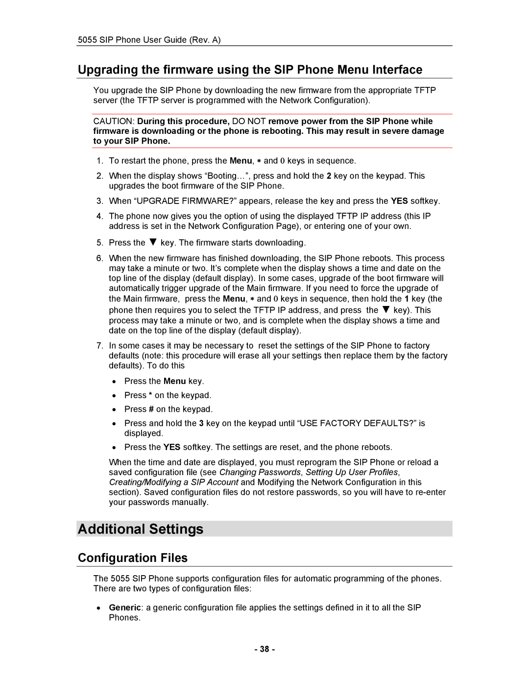 Mitel 5055 manual Additional Settings, Upgrading the firmware using the SIP Phone Menu Interface, Configuration Files 