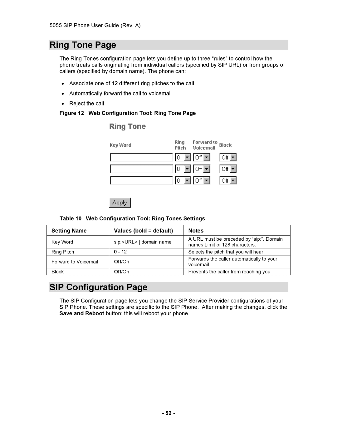 Mitel 5055 manual Ring Tone, SIP Configuration, Off/On 