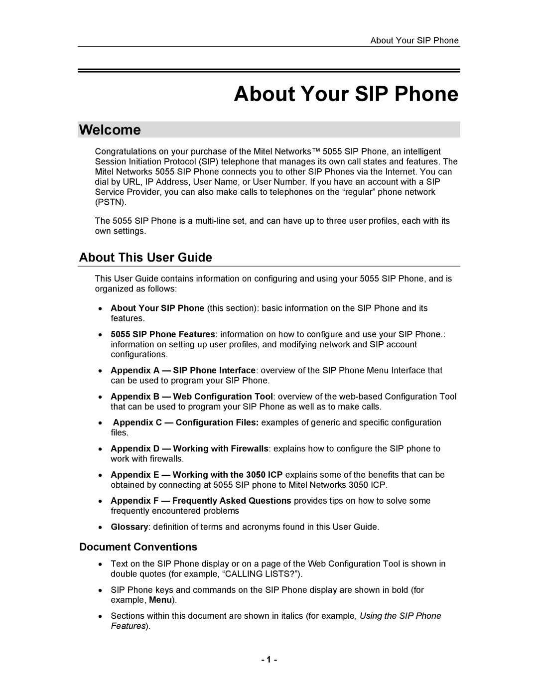 Mitel 5055 manual Welcome, About This User Guide, Document Conventions 