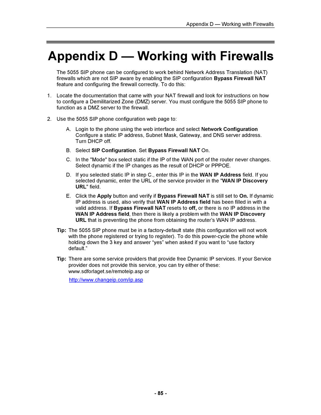 Mitel 5055 manual Appendix D Working with Firewalls, Select SIP Configuration. Set Bypass Firewall NAT On 