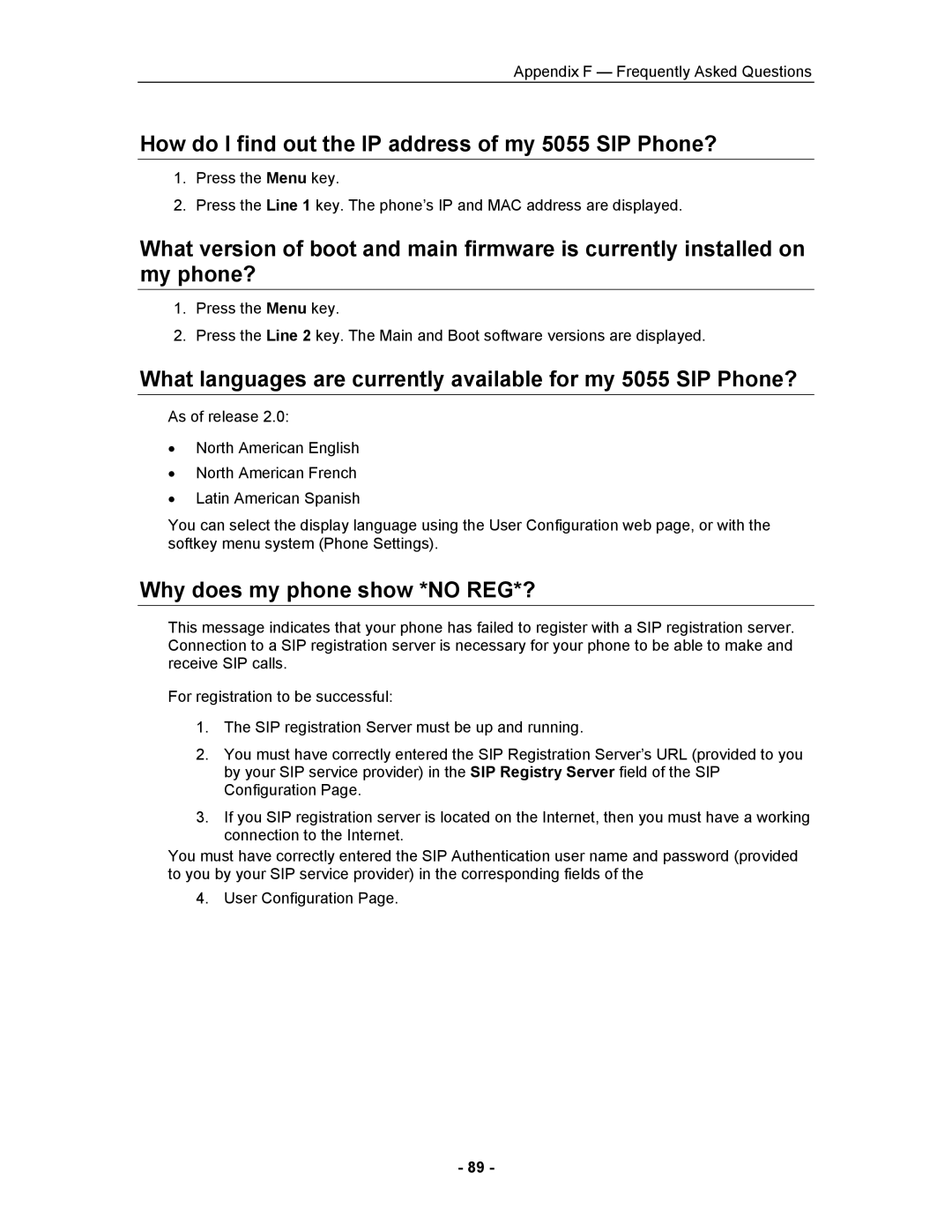 Mitel manual How do I find out the IP address of my 5055 SIP Phone?, Why does my phone show *NO REG*? 