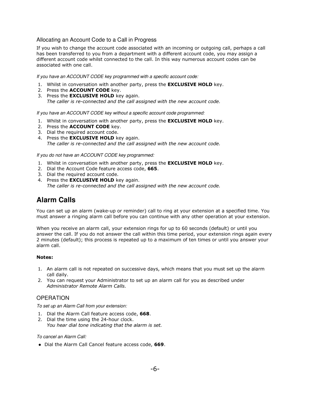 Mitel 5140 Alarm Calls, Allocating an Account Code to a Call in Progress, To set up an Alarm Call from your extension 