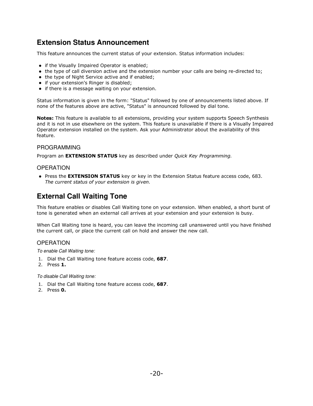 Mitel 5140 manual Extension Status Announcement, External Call Waiting Tone, 7KHFXUUHQWVWDWXVRI\RXUHWHQVLRQLVJLYHQ 