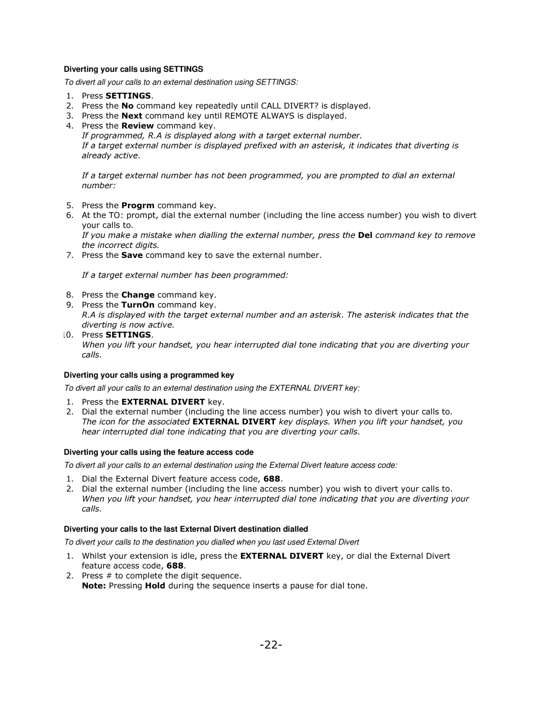 Mitel 5140 manual Diverting your calls using Settings, ISURJUDPPHG5$LVGLVSOD\HGDORQJZLWKDWDUJHWHWHUQDOQXPEHU 