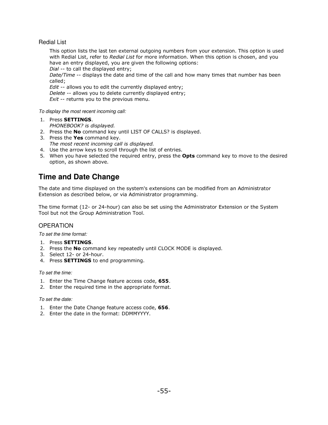 Mitel 5140 manual Time and Date Change, Redial List 