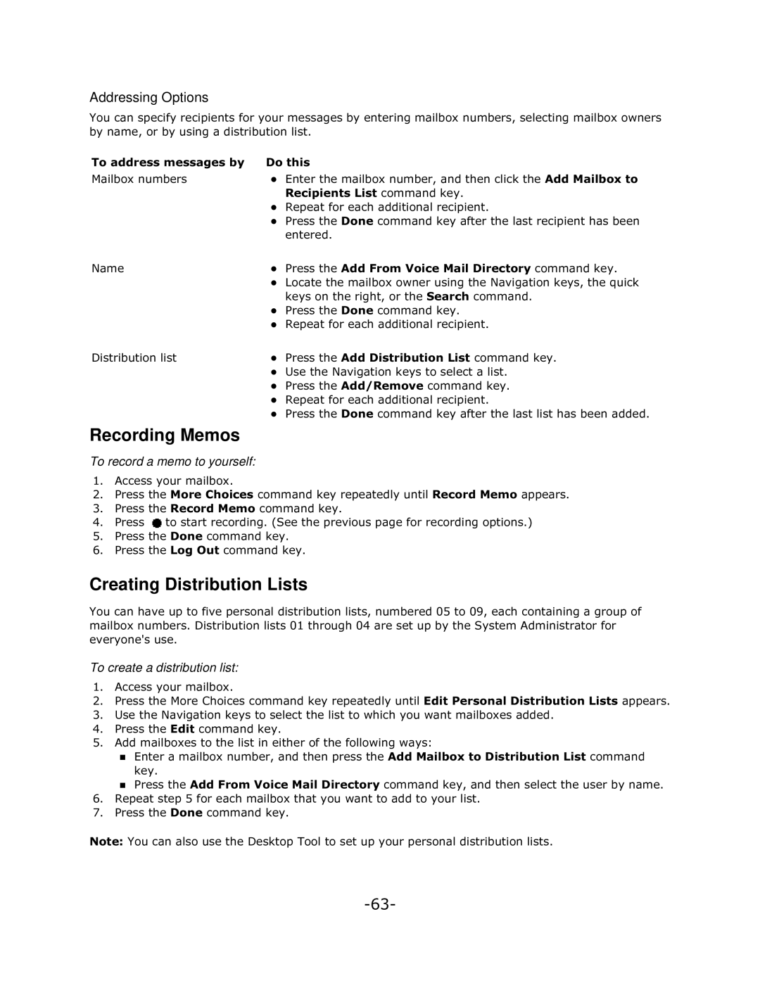 Mitel 5140 manual Recording Memos, Creating Distribution Lists, Addressing Options, To record a memo to yourself 