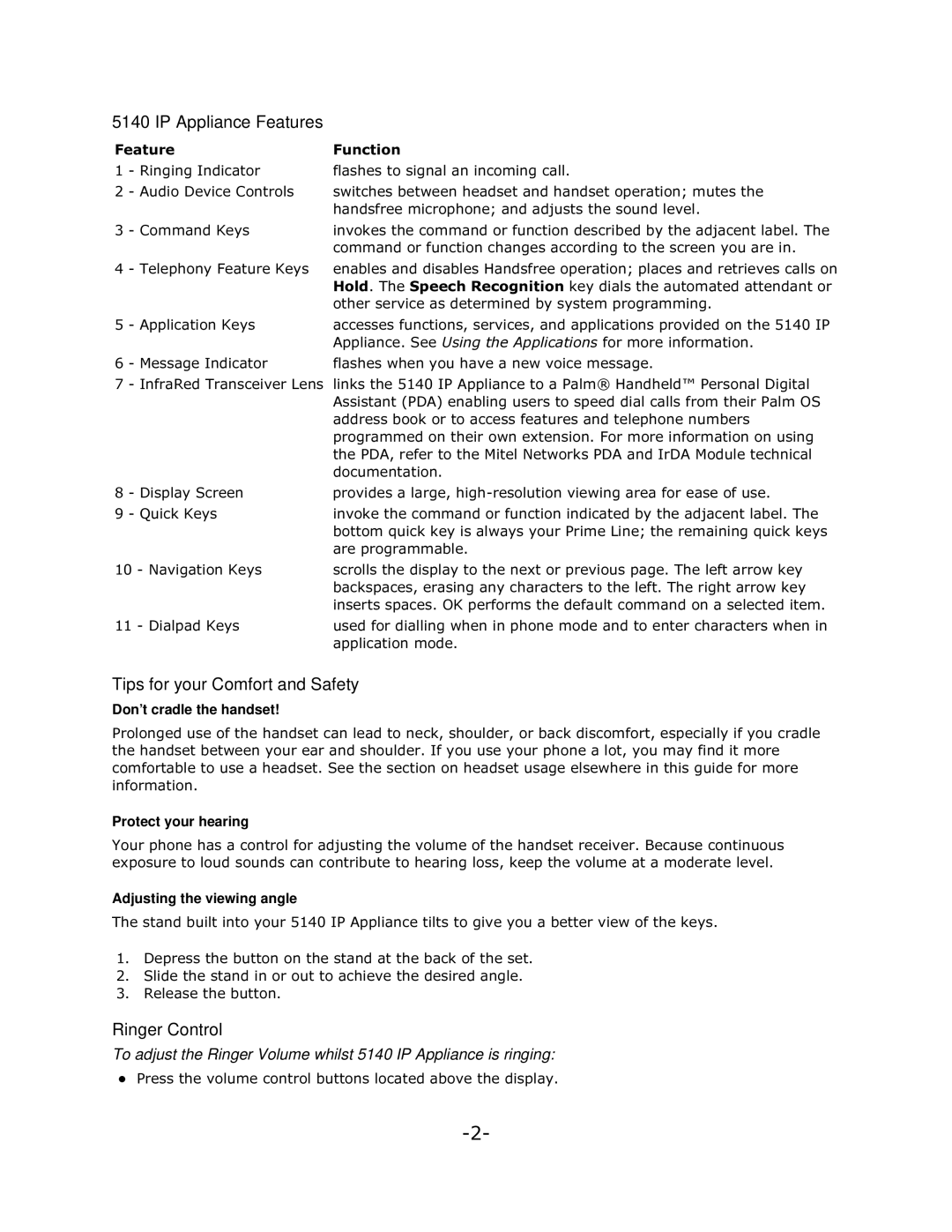 Mitel 5140 manual IP Appliance Features, Tips for your Comfort and Safety, Ringer Control 