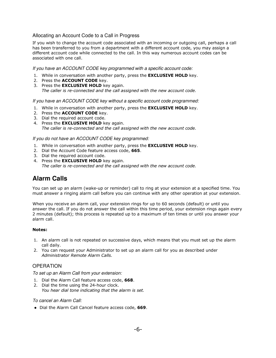 Mitel 5140 Alarm Calls, Allocating an Account Code to a Call in Progress, To set up an Alarm Call from your extension 