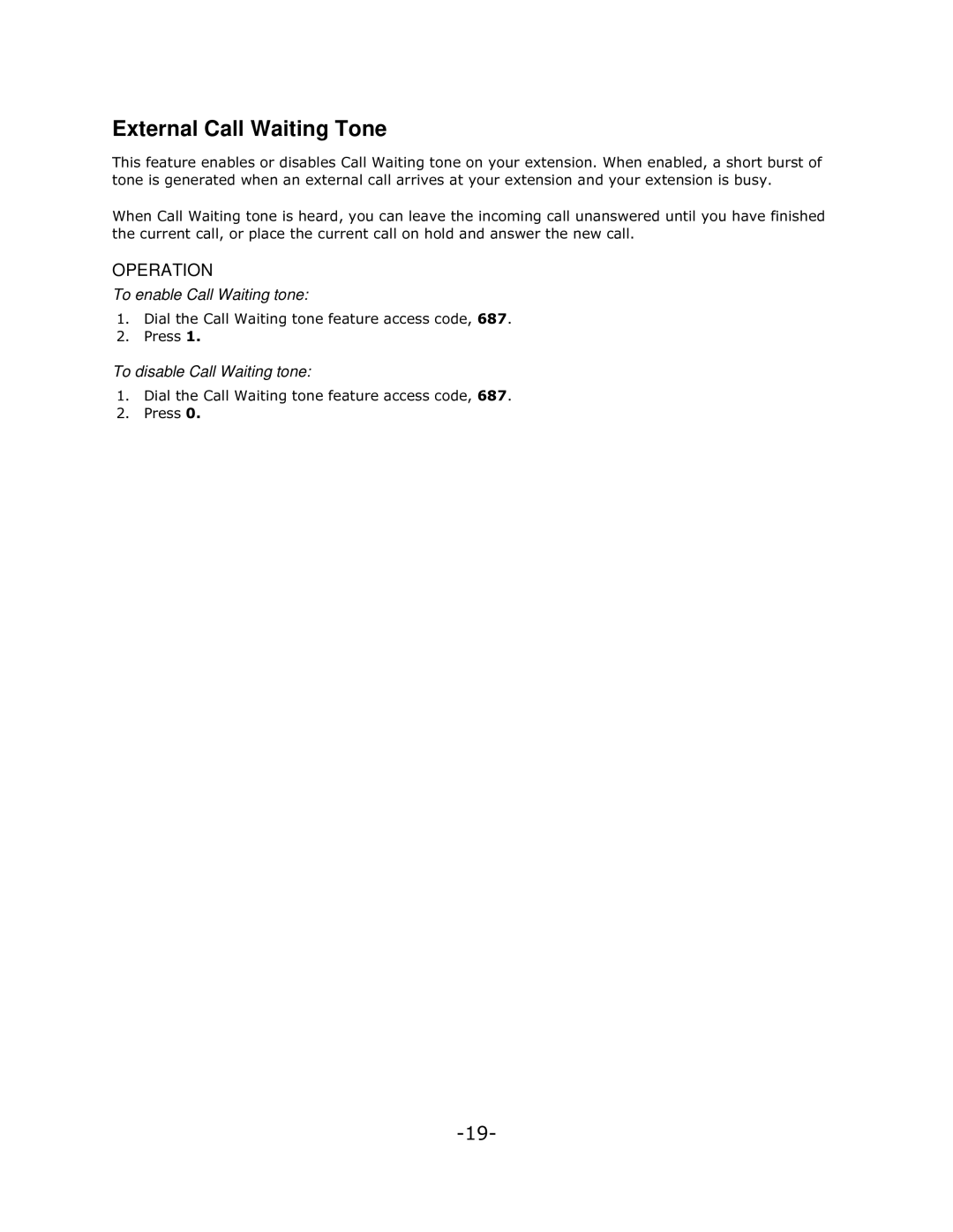 Mitel 5140 manual External Call Waiting Tone, To enable Call Waiting tone, To disable Call Waiting tone 