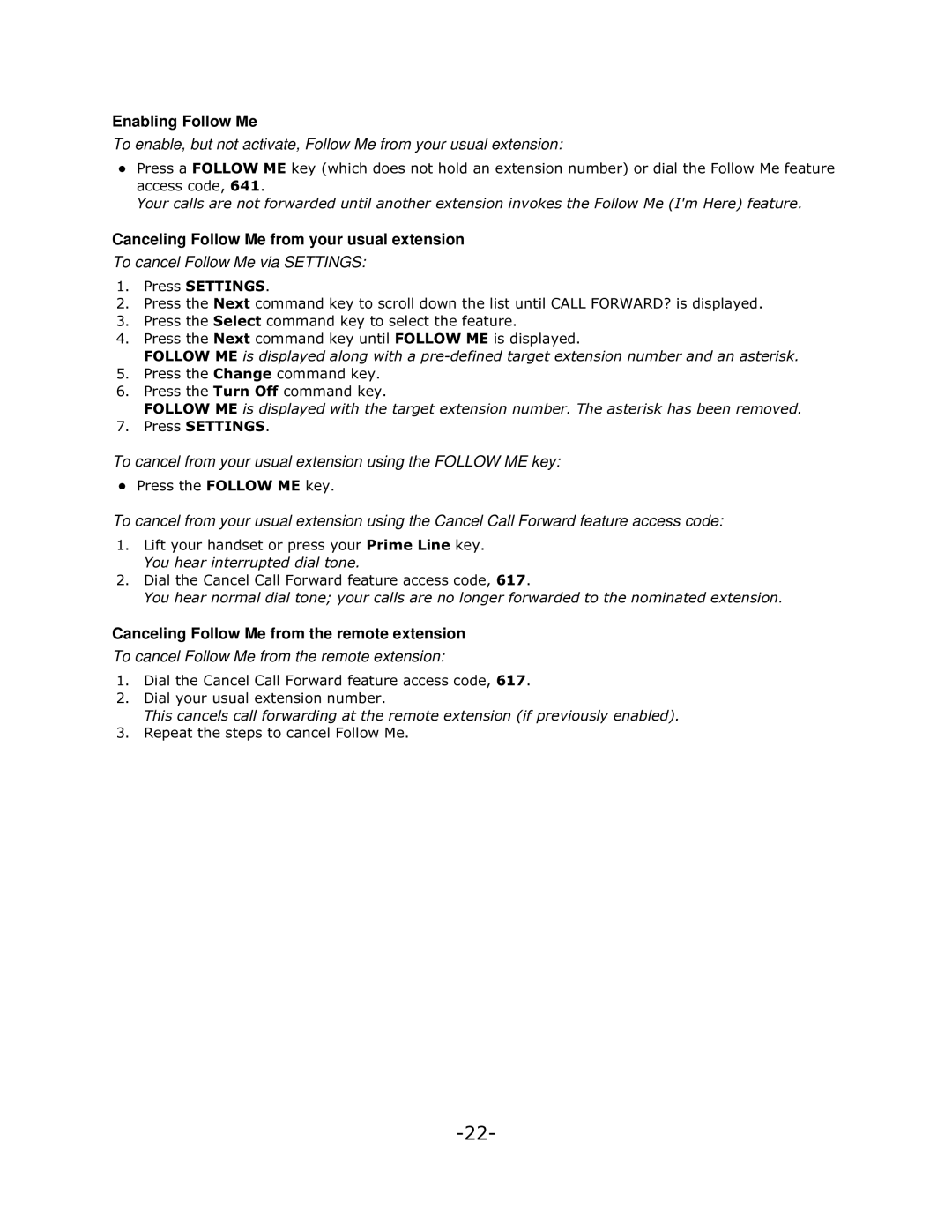 Mitel 5140 manual Enabling Follow Me, Canceling Follow Me from your usual extension 