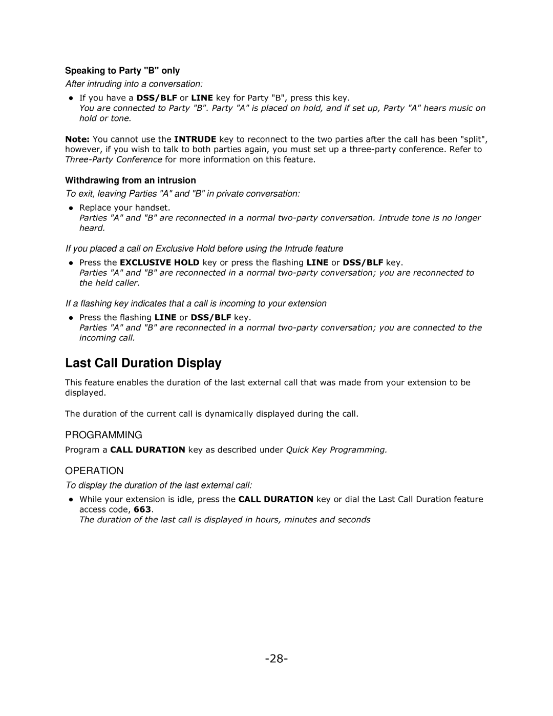 Mitel 5140 manual Last Call Duration Display, Speaking to Party B only, Afterintruding into a conversation 