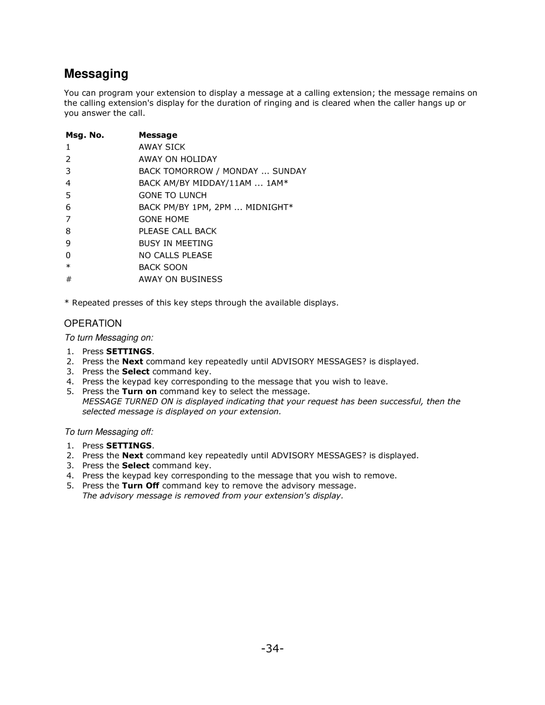 Mitel 5140 manual To turn Messaging on, To turn Messaging off, 5HSHDWHGSUHVVHVRIWKLVNH\VWHSVWKURXJKWKHDYDLODEOHGLVSOD\V 