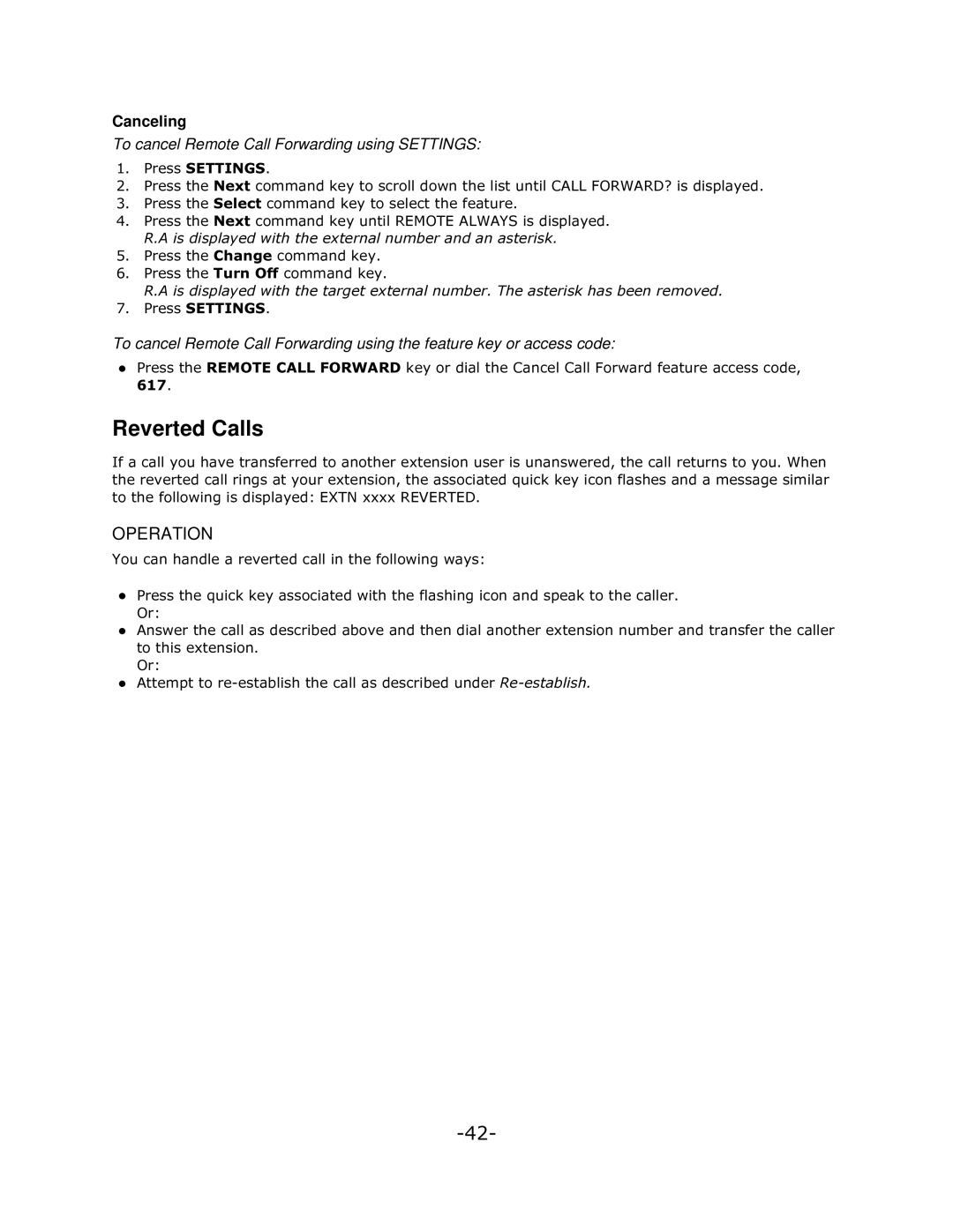 Mitel 5140 manual Reverted Calls, Canceling, To cancel Remote Call Forwarding using Settings 