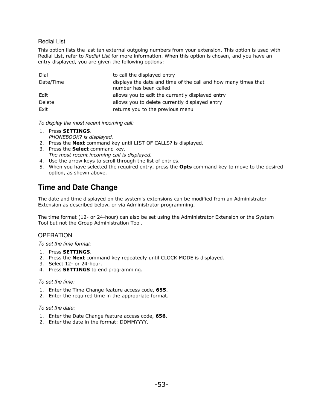 Mitel 5140 manual Time and Date Change, Redial List 