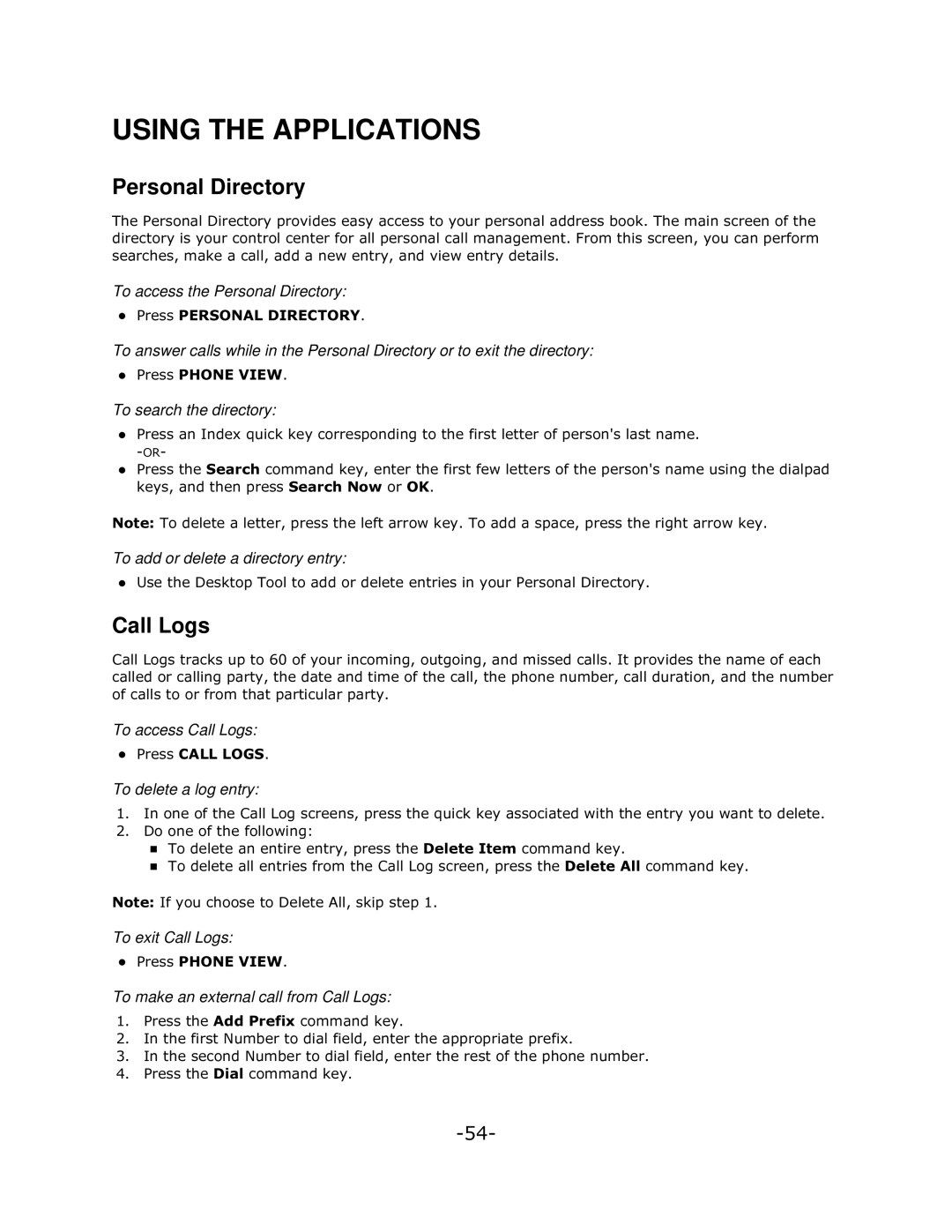 Mitel 5140 manual Personal Directory, Call Logs 