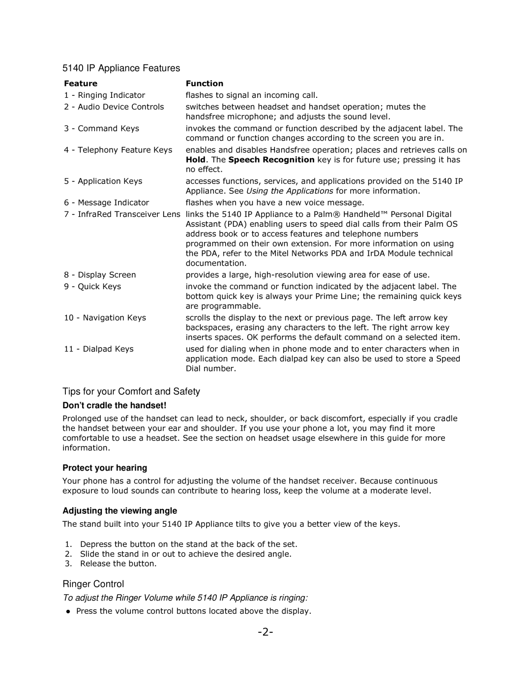 Mitel 5140 manual IP Appliance Features, Tips for your Comfort and Safety, Ringer Control 