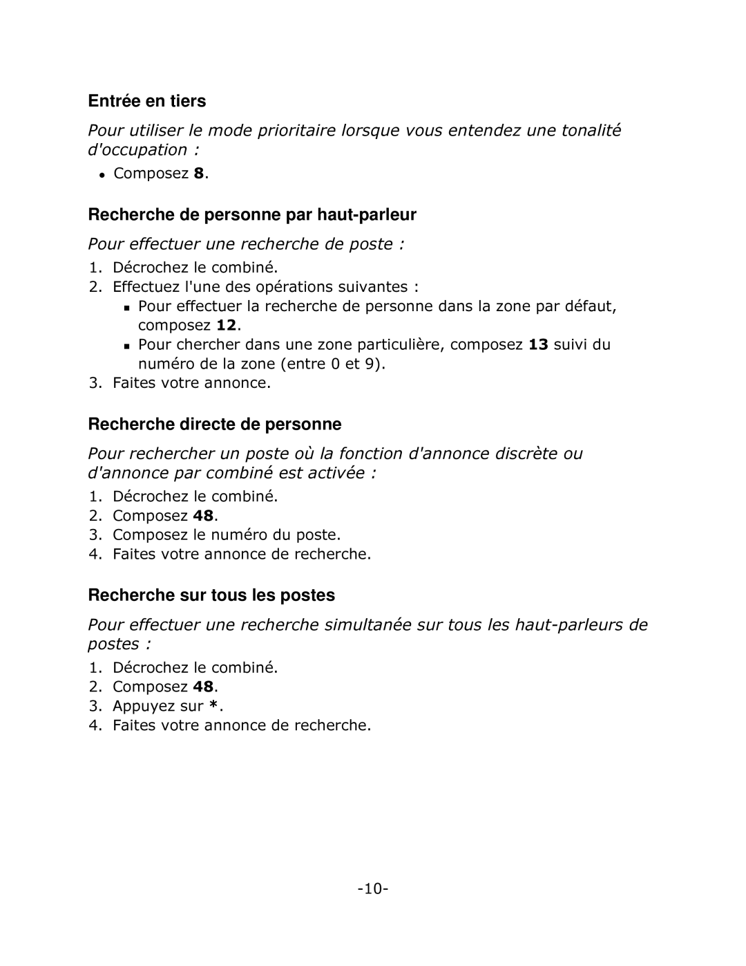 Mitel 5201 manual Entrée en tiers, Recherche de personne par haut-parleur, Recherche directe de personne 