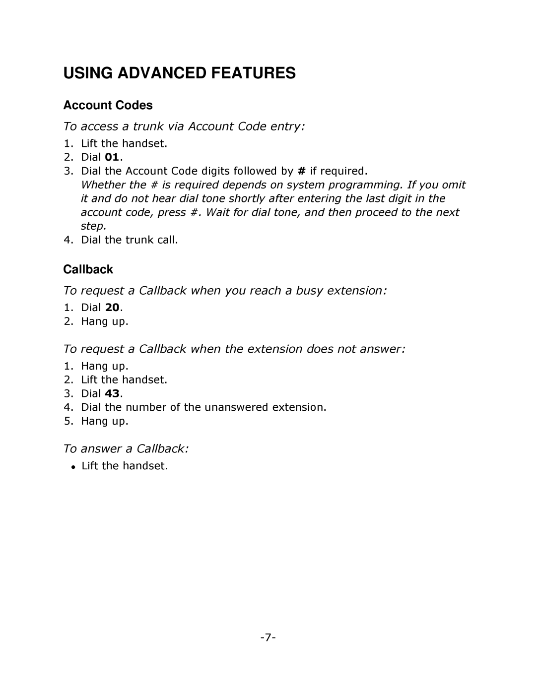 Mitel 5201 manual Using Advanced Features, Account Codes, Callback 