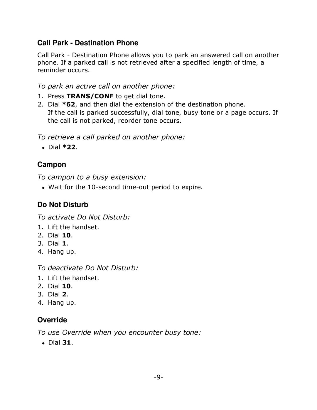 Mitel 5201 manual Call Park Destination Phone, Campon, Do Not Disturb, Override 