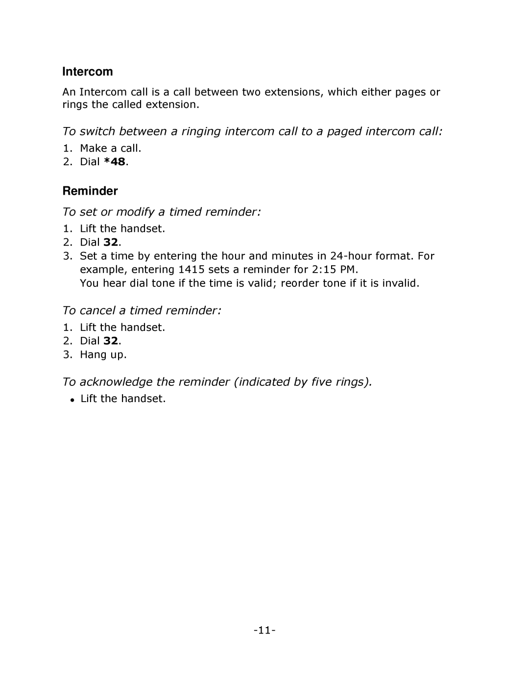 Mitel 5201 manual Intercom, Reminder, To set or modify a timed reminder, To cancel a timed reminder 