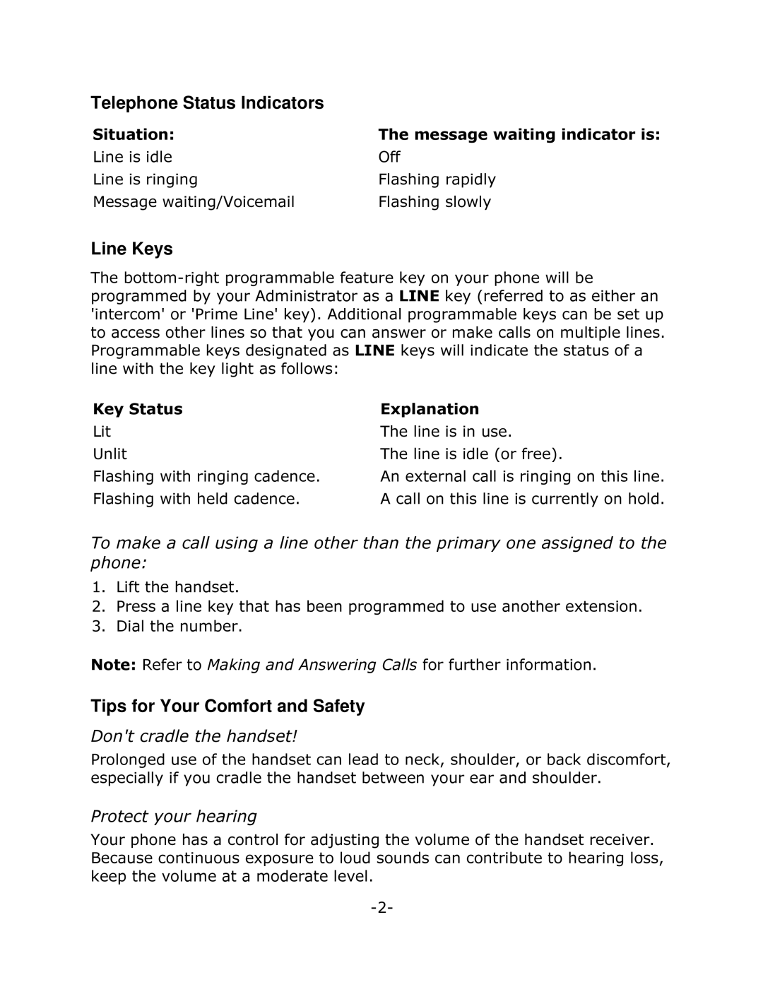 Mitel 5205 manual Telephone Status Indicators, Line Keys, Tips for Your Comfort and Safety, Rqwfudgohwkhkdqgvhw 