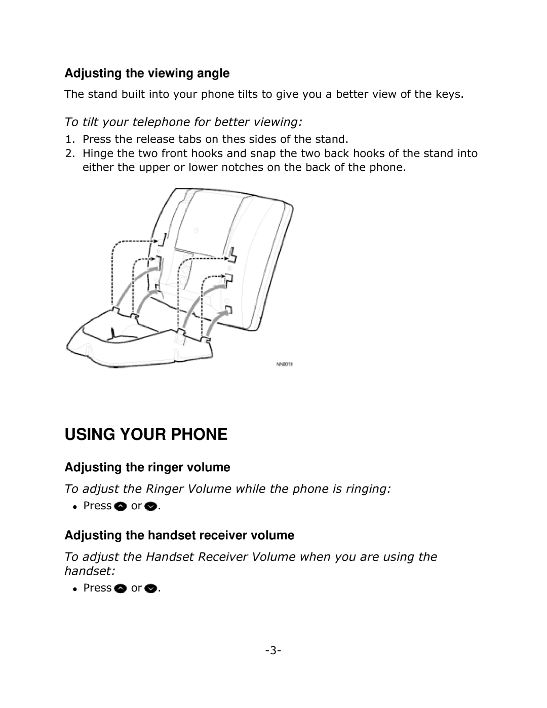 Mitel 5205 Using Your Phone, Adjusting the viewing angle, Adjusting the ringer volume, 7RWLOW\RXUWHOHSKRQHIRUEHWWHUYLHZLQJ 