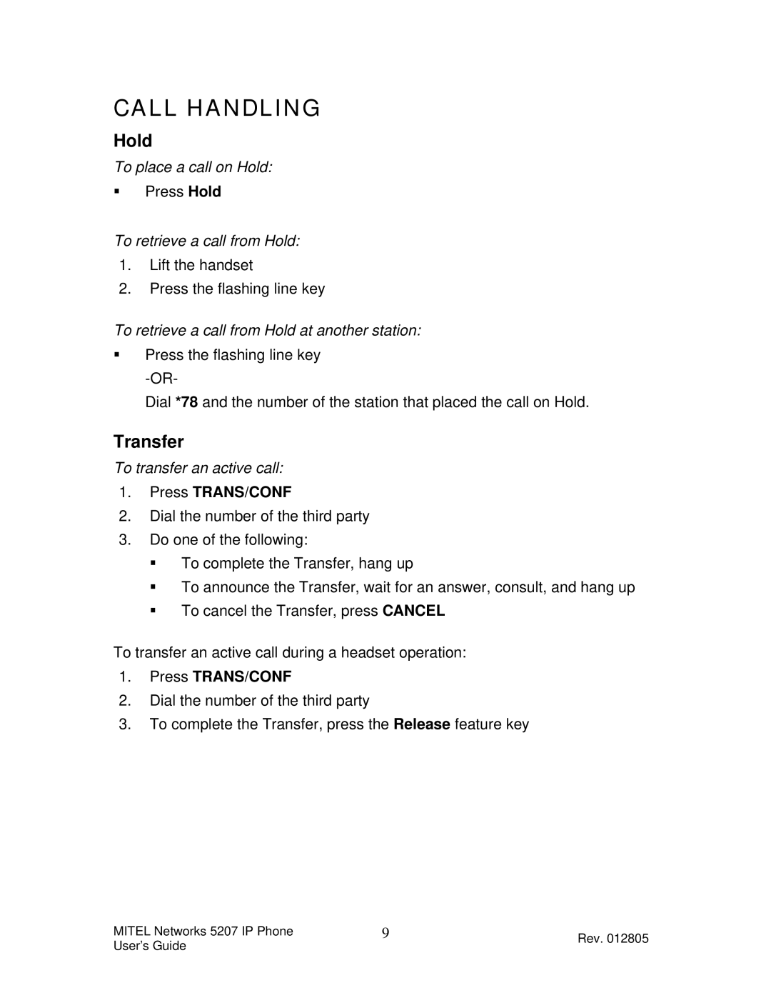 Mitel 5207 manual Call Handling, Hold, Transfer 