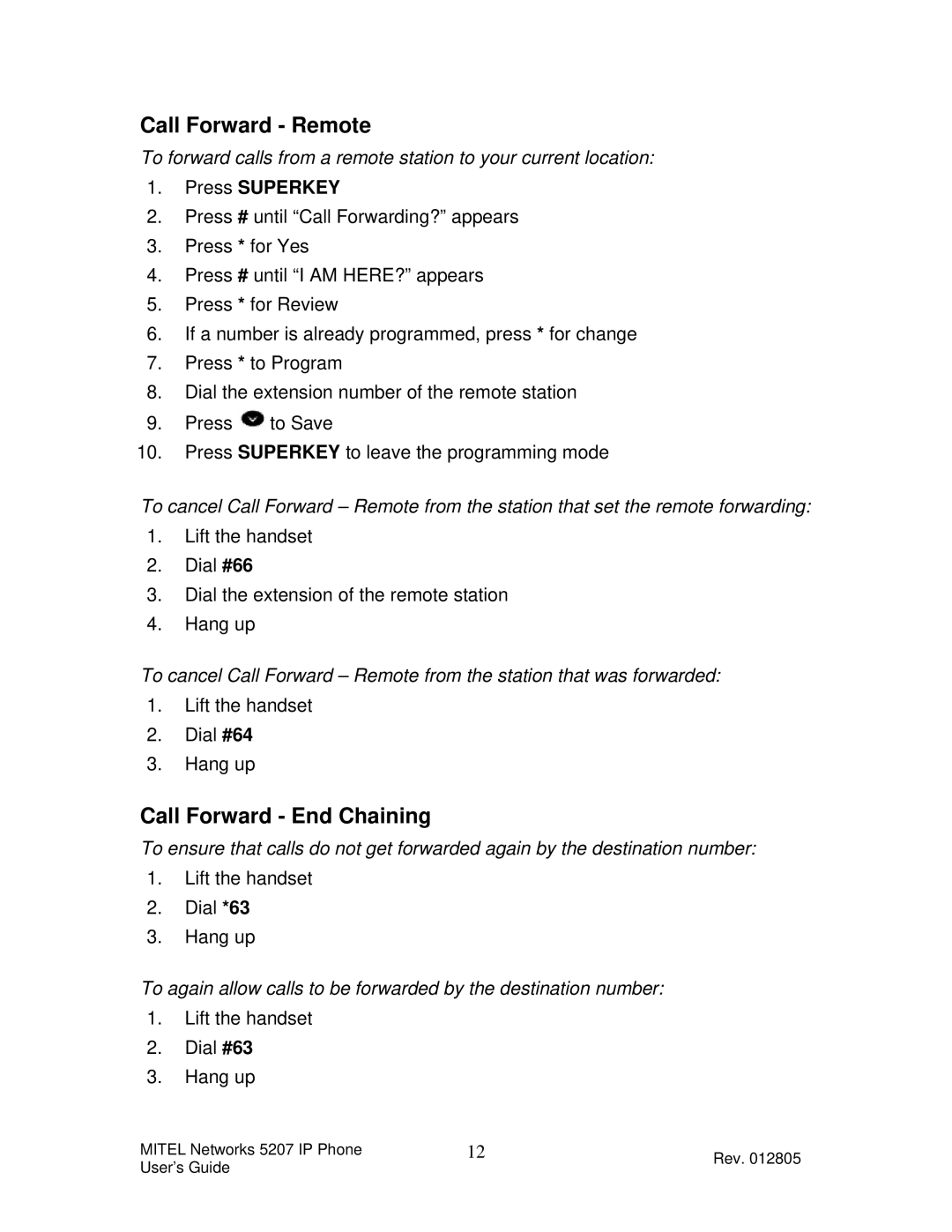 Mitel 5207 manual Call Forward Remote, Call Forward End Chaining 