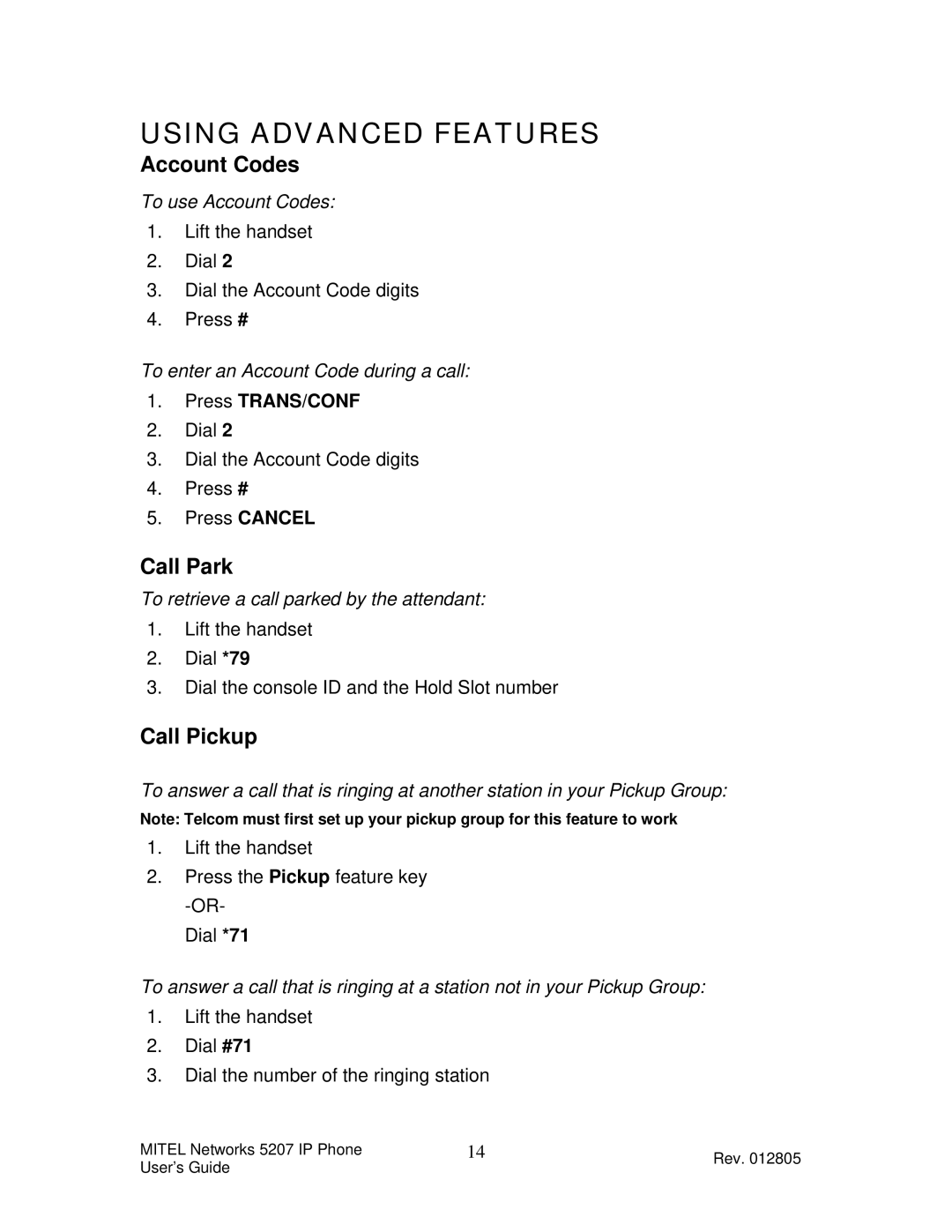 Mitel 5207 manual Using Advanced Features, Account Codes, Call Park, Call Pickup 