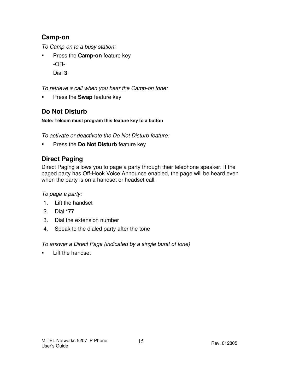 Mitel 5207 manual Camp-on, Do Not Disturb, Direct Paging 