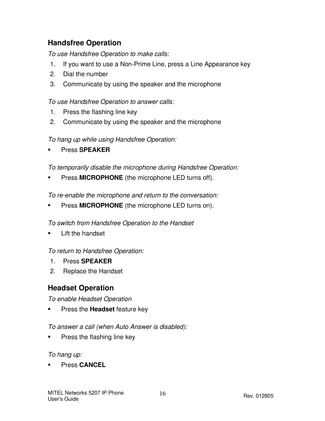Mitel 5207 manual Handsfree Operation, Headset Operation 