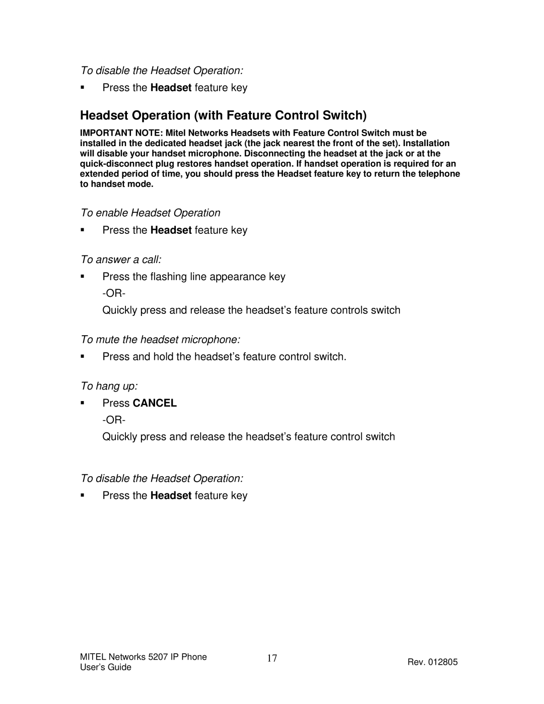 Mitel 5207 manual Headset Operation with Feature Control Switch, To disable the Headset Operation, To answer a call 