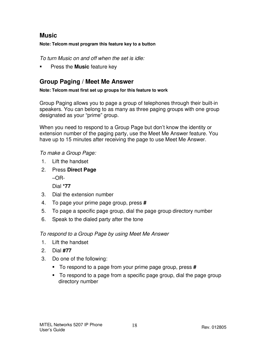 Mitel 5207 manual Group Paging / Meet Me Answer, To turn Music on and off when the set is idle, To make a Group 
