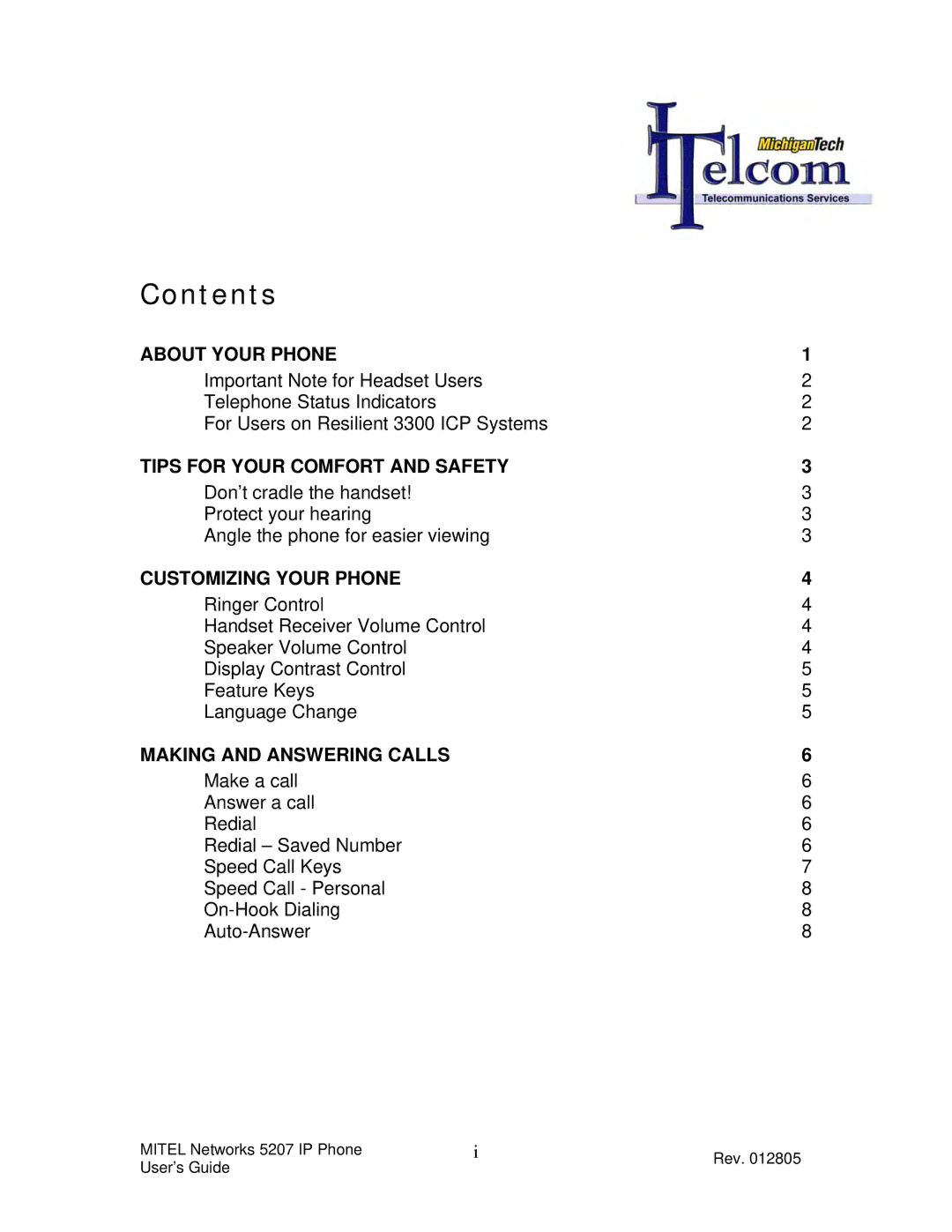 Mitel 5207 manual Contents 