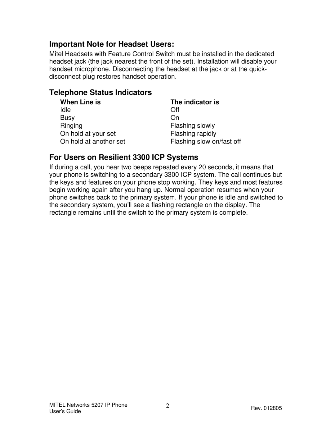 Mitel 5207 manual Important Note for Headset Users, Telephone Status Indicators, For Users on Resilient 3300 ICP Systems 